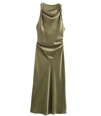 Vestido Longo de Cetim Drapeado Elegante para Festa | Aimi