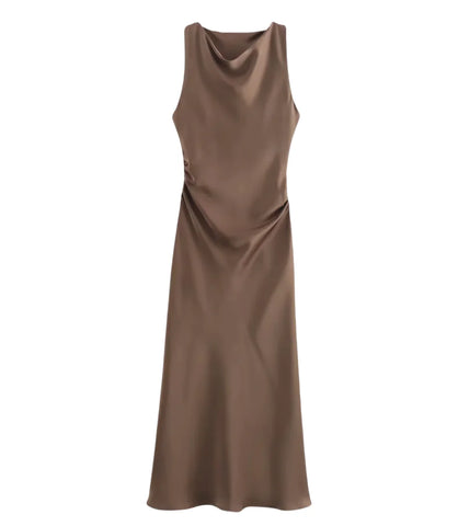 Vestido Longo de Cetim Drapeado Elegante para Festa | Aimi