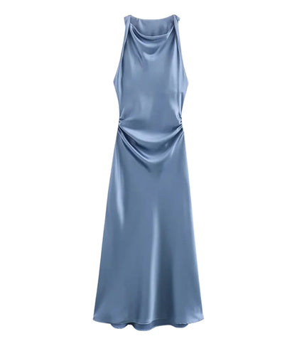 Imagem do Vestido Feminino Cetim Midi Elegante com decote drapeado, costas abertas e caimento fluido, ideal para eventos sofisticados.