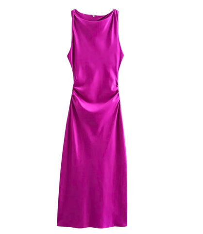 Vestido Longo de Cetim Drapeado Elegante para Festa | Aimi