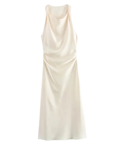 Vestido Longo de Cetim Drapeado Elegante para Festa | Aimi