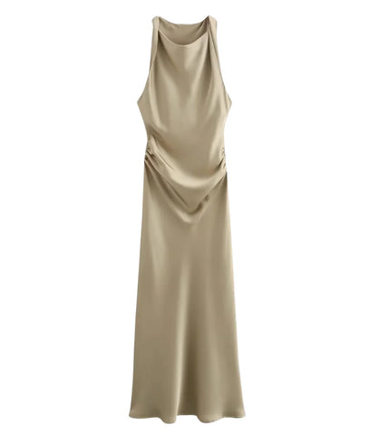 Vestido Longo de Cetim Drapeado Elegante para Festa | Aimi