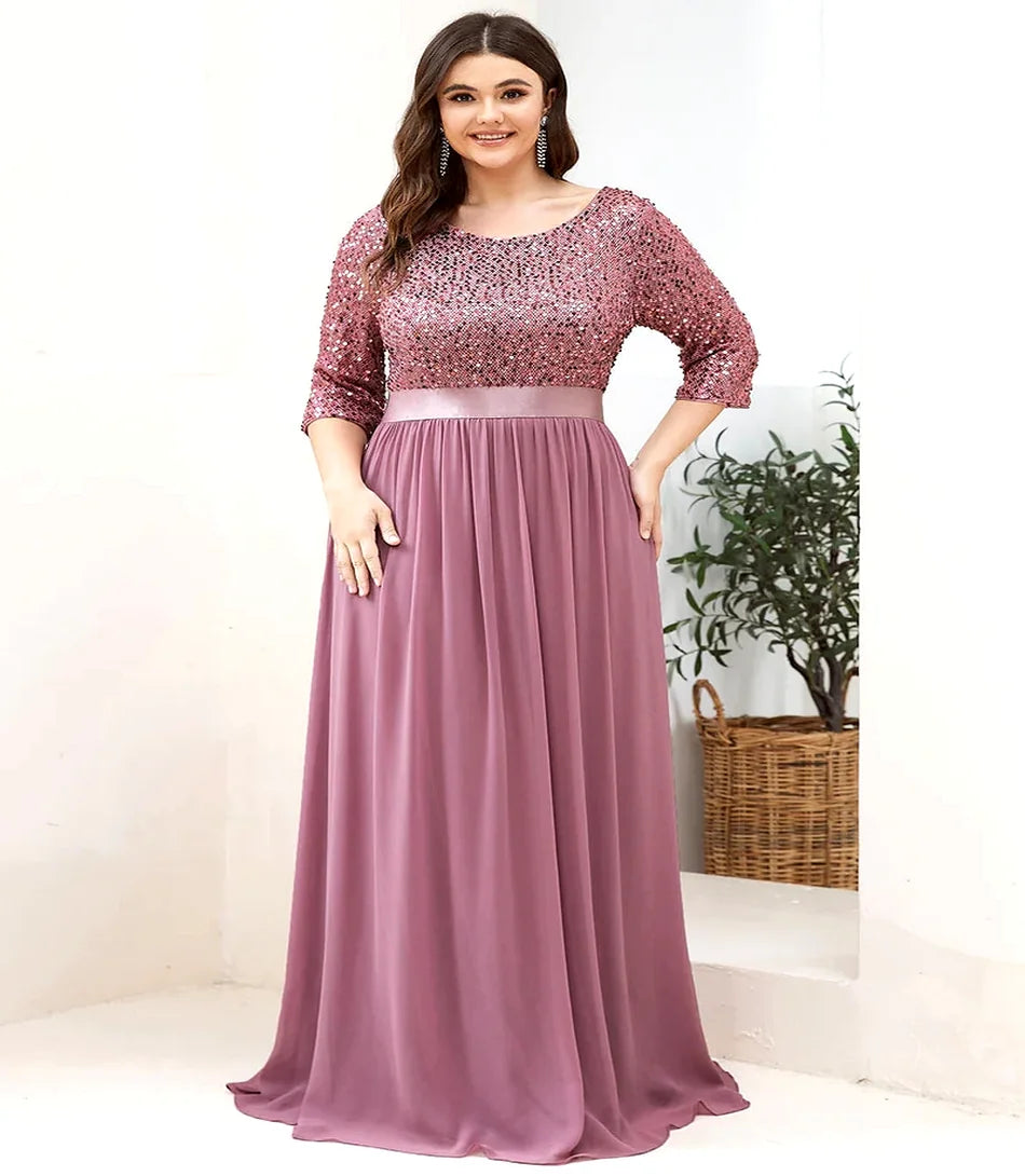 Vestido Festa Longo Plus Size Elegante com renda e paetês, mangas 3/4, perfeito para eventos formais como casamentos e festas de gala.