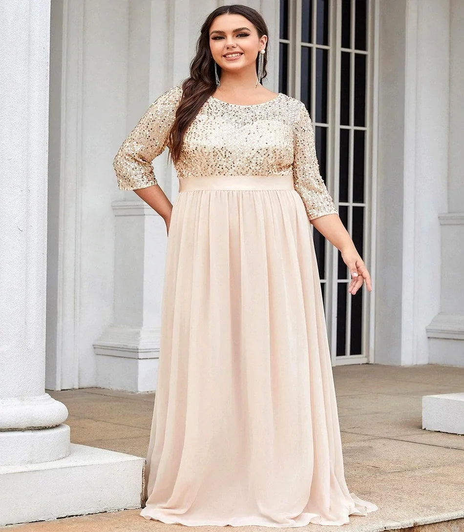 Vestido Festa Longo Plus Size Elegante com renda e paetês, mangas 3/4, perfeito para eventos formais como casamentos e festas de gala.