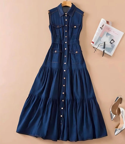 Vestido Jeans Longo Chemise Feminino com Botões Frontais e Modelagem Acinturada