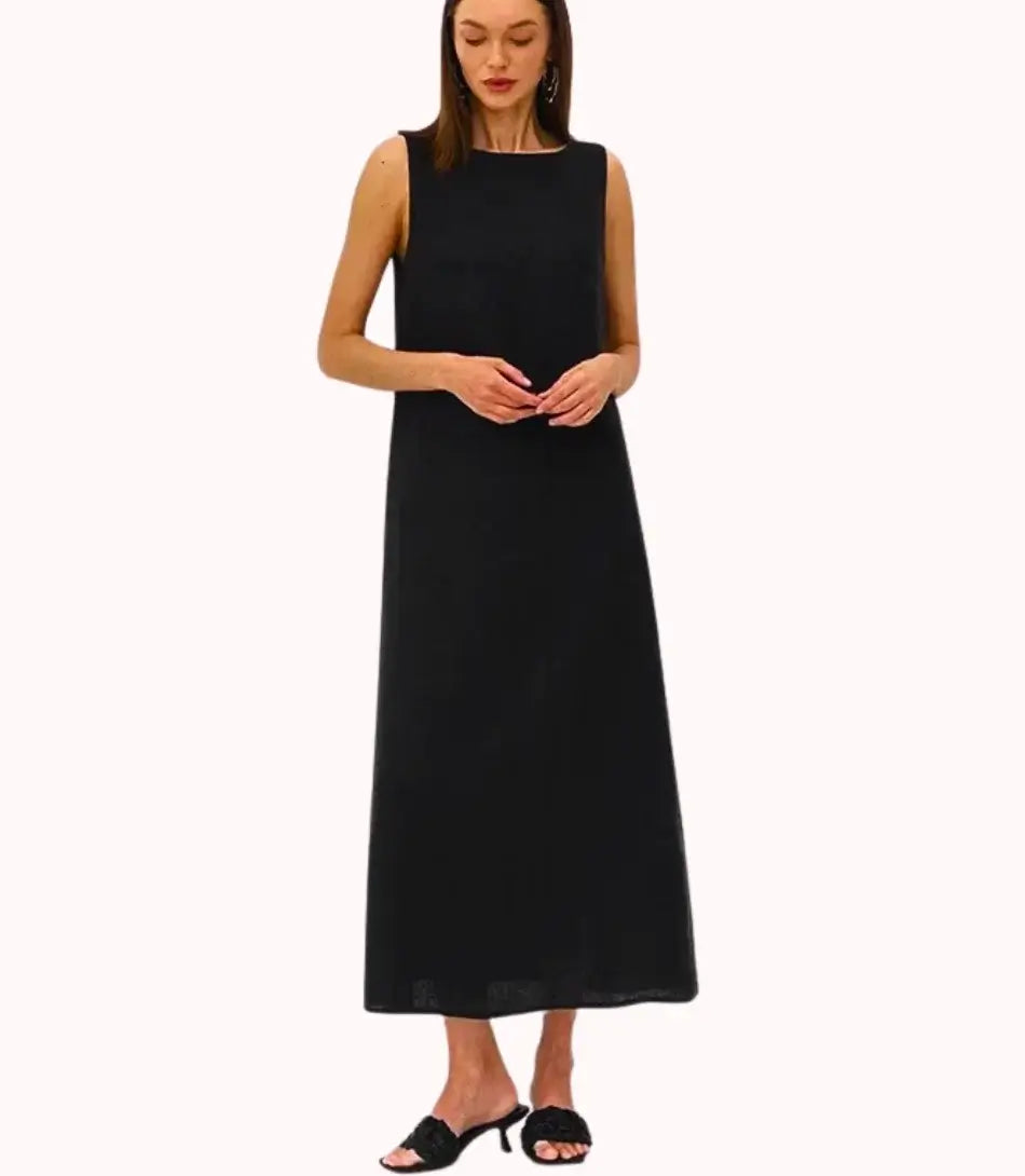 Vestido Longo Elegante Minimalista sem mangas com decote O-pescoço e fenda lateral, ideal para diversas ocasiões