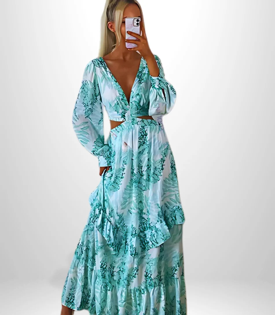 Vestido longo floral boho com recorte na cintura e mangas volumosas