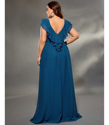 Vestido Longo de Festa Azul Elegante Plus Size com Babados e Caimento Perfeito Azul