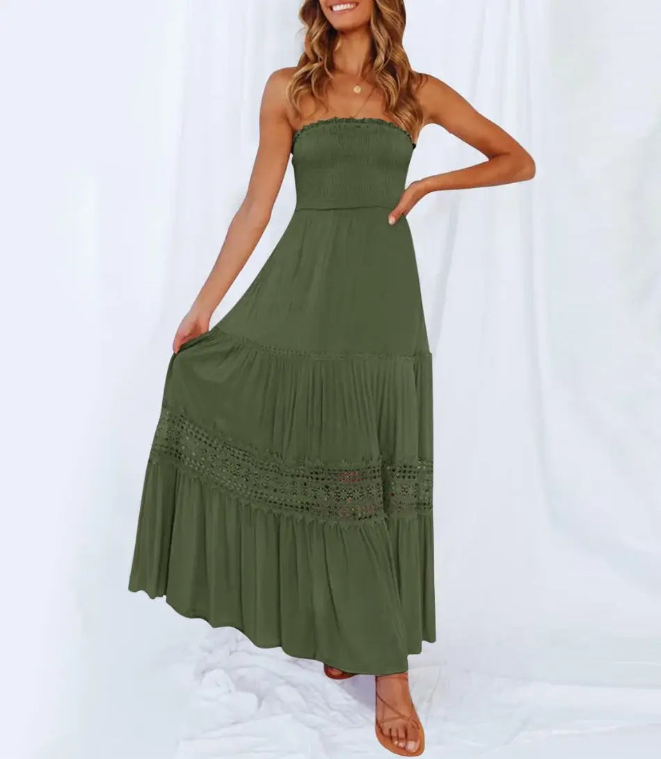 Vestido longo tomara que caia com renda, elegante e confortável, ideal para ocasiões especiais, da Anellimn.