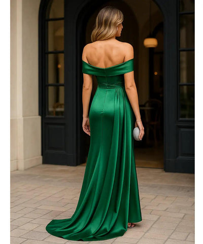 Vestido Longo de Festa Ombro a Ombro Cetim com Cauda | Santin