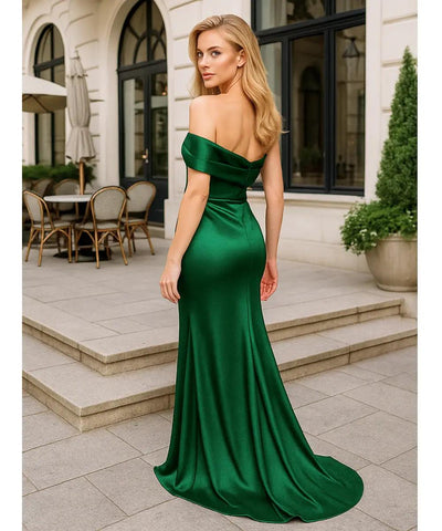 Vestido Longo de Festa Ombro a Ombro Cetim com Cauda | Santin