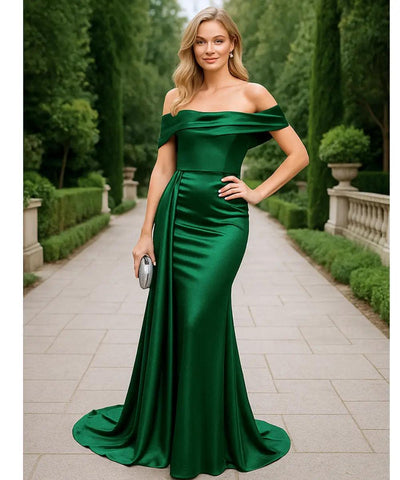 Vestido Longo de Festa Ombro a Ombro Cetim com Cauda | Santin