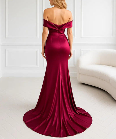 Vestido Longo de Festa Ombro a Ombro Cetim com Cauda | Santin