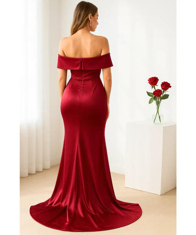Vestido Longo de Festa Ombro a Ombro Cetim com Cauda | Santin
