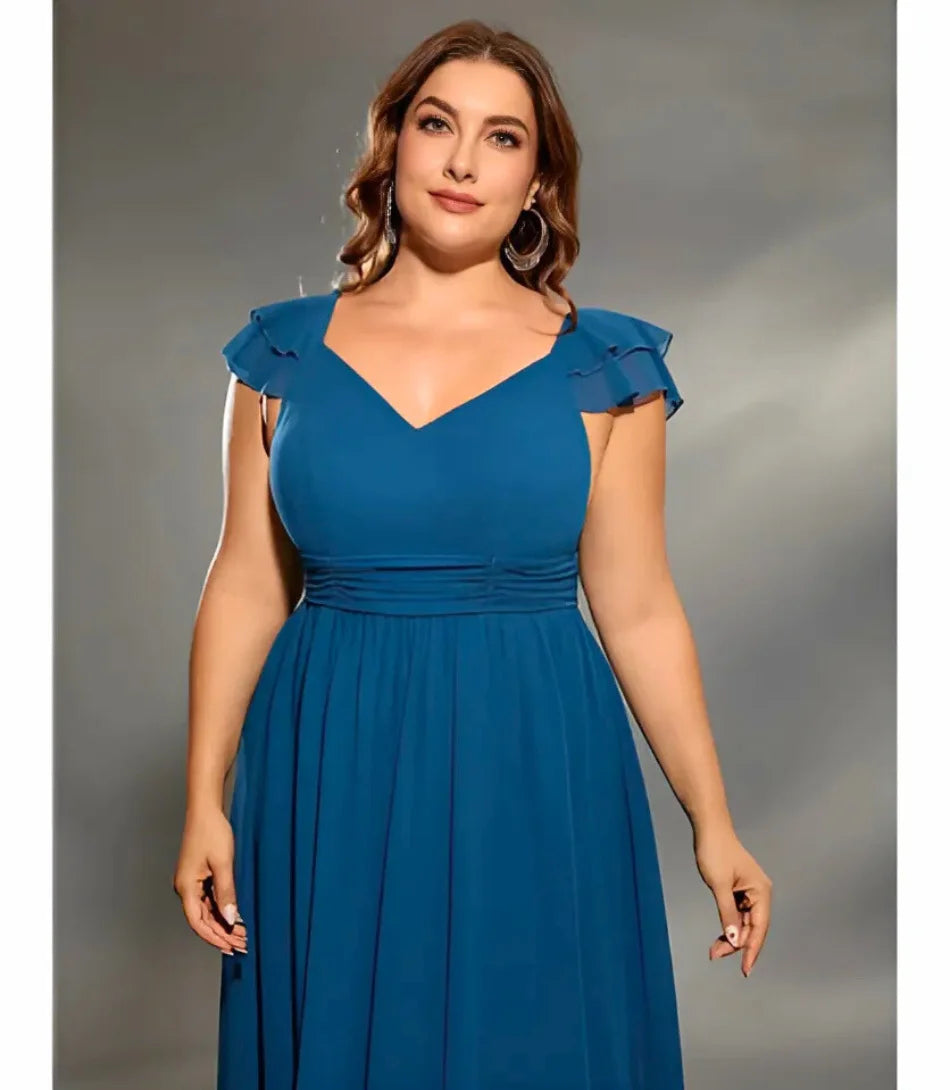 Vestido Longo de Festa Azul Elegante Plus Size com Babados e Caimento Perfeito Azul