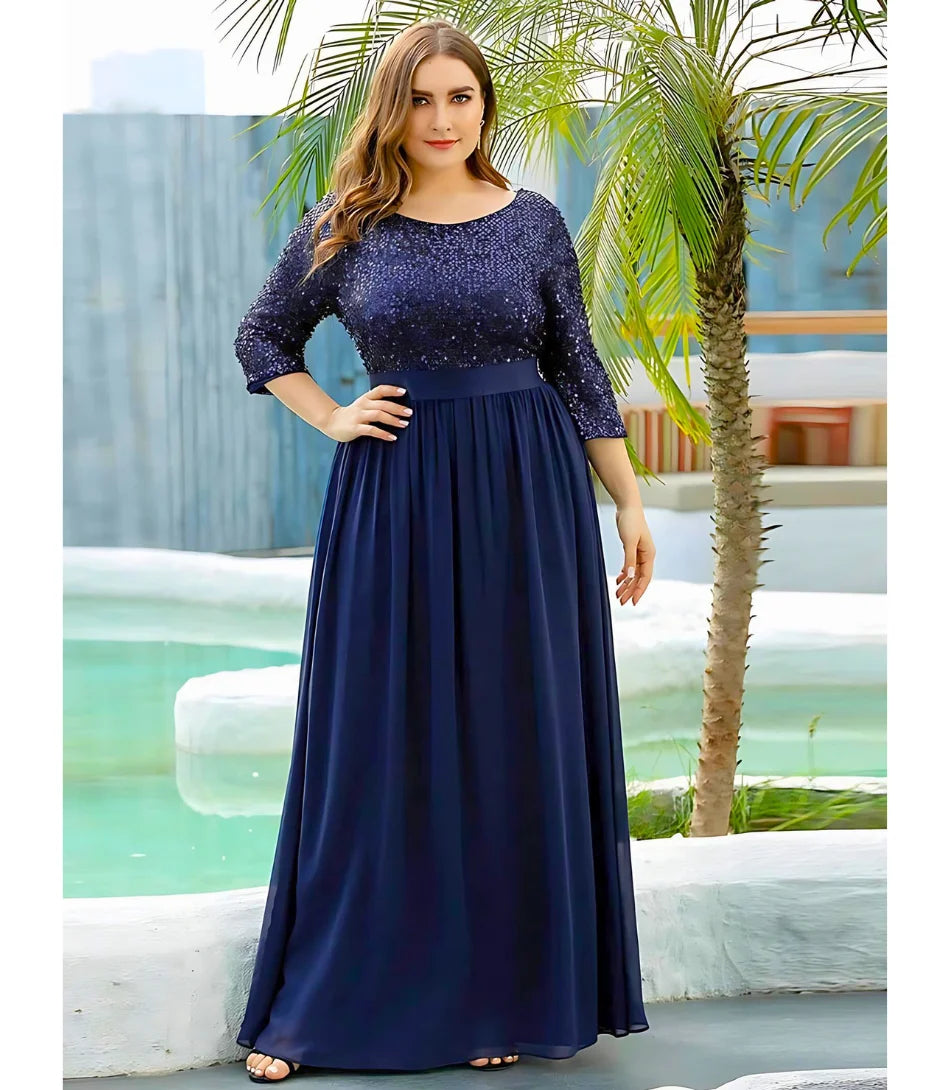 Vestido Longo de Festa Plus Size com Paetês Brilhantes e Cintura Marcada Azul Marinho - LadyDress - Anellimn 