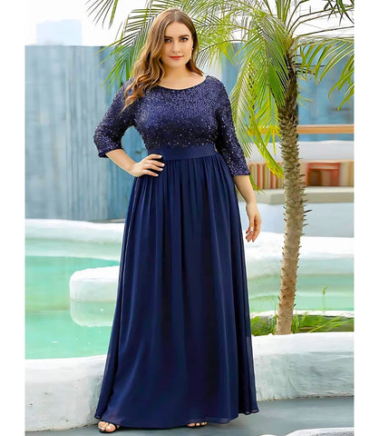 Vestido Longo de Festa Plus Size com Paetês Brilhantes e Cintura Marcada Azul Marinho - LadyDress - Anellimn 