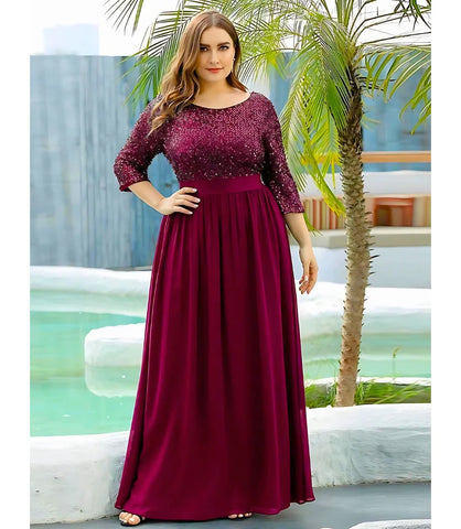 Vestido Longo de Festa Plus Size com Paetês Brilhantes e Cintura Marcada Bordo- LadyDress - Anellimn 