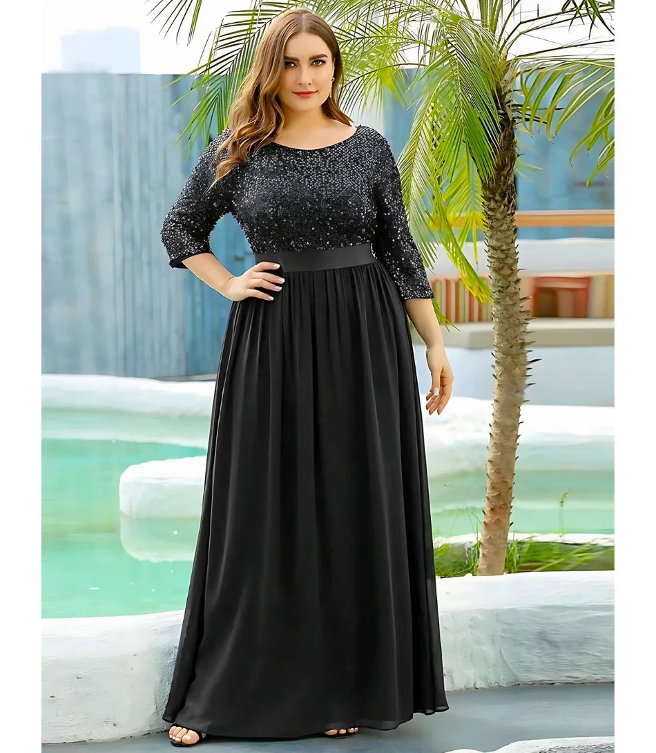 Vestido Longo de Festa Plus Size com Paetês Brilhantes e Cintura Marcada Preto - LadyDress - Anellimn 