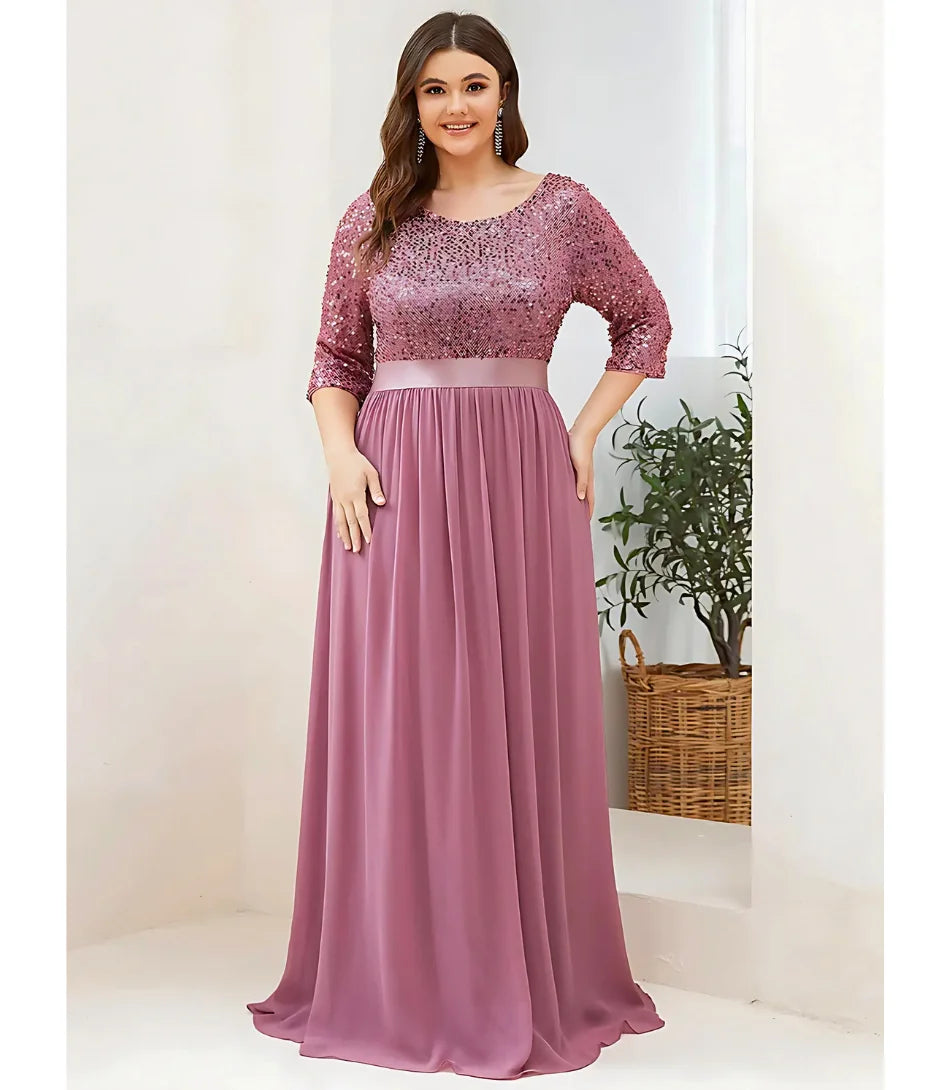 Vestido Longo de Festa Plus Size com Paetês Brilhantes e Cintura Marcada Rosa - LadyDress - Anellimn 