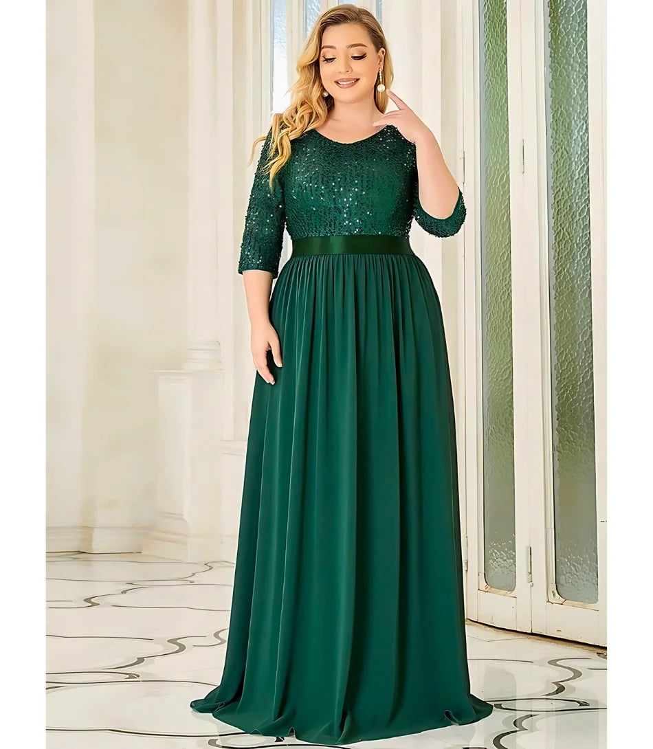 Vestido Longo de Festa Plus Size com Paetês Brilhantes e Cintura Marcada Verde - LadyDress - Anellimn 