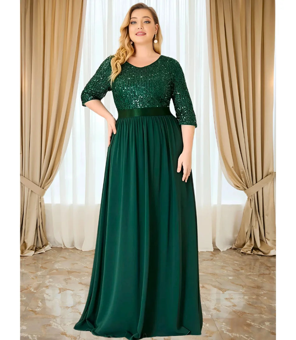 Vestido Longo de Festa Plus Size com Paetês Brilhantes e Cintura Marcada Verde - LadyDress - Anellimn 