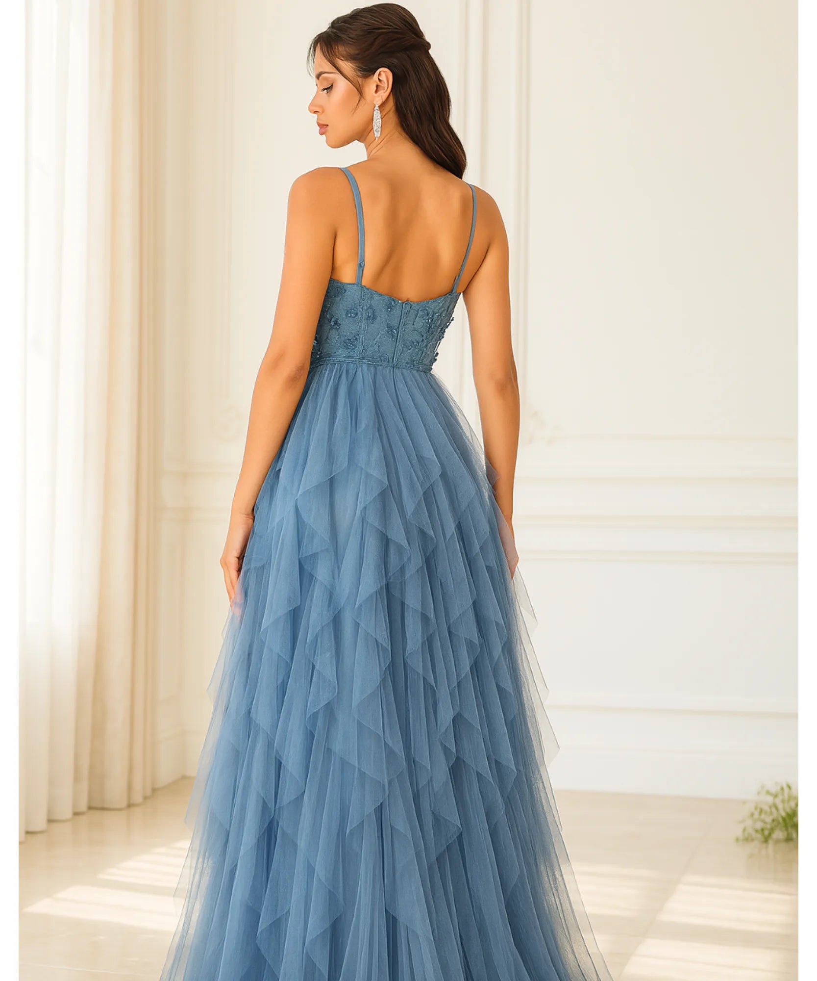 Vestido longo de festa azul tule com fenda elegante aplicações flores casamentos formaturas madrinhas promoção oferta LADY DRESS
