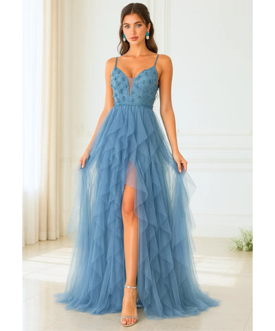 Vestido longo de festa azul tule com fenda elegante aplicações flores casamentos formaturas madrinhas promoção oferta LADY DRESS
