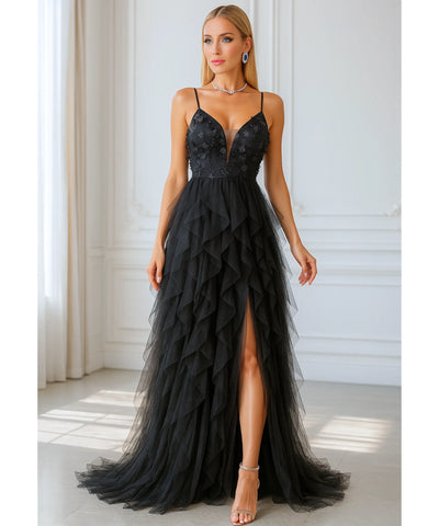 Vestido longo de festa preto tule com fenda elegante aplicações flores casamentos formaturas madrinhas promoção oferta LADY DRESS
