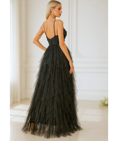 Vestido longo de festa preto tule com fenda elegante aplicações flores casamentos formaturas madrinhas promoção oferta LADY DRESS
