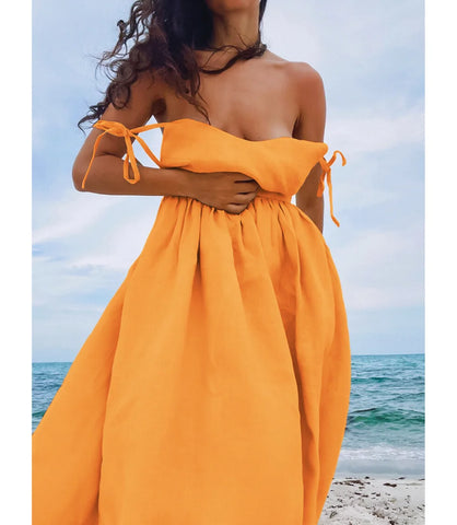 Vestido Linho e algodão leve e respirável Detalhes: Alças ajustáveis, decote reto, corte amplo e fluido Estilo: Boho, ideal para looks casuais e elegantes Comprimento: Midi Ocasiões sugeridas: Praia, eventos ao ar livre, festas diurnas e noturnas