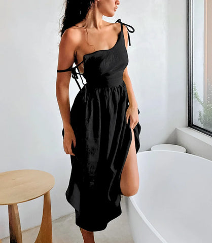 Vestido Midi de Linho Feminino Alça Ajustável Boho | Lalá