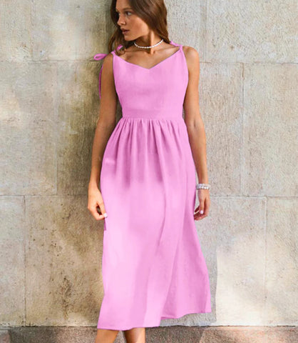 Vestido Linho e algodão leve e respirável Detalhes: Alças ajustáveis, decote reto, corte amplo e fluido Estilo: Boho, ideal para looks casuais e elegantes Comprimento: Midi Ocasiões sugeridas: Praia, eventos ao ar livre, festas diurnas e noturnas