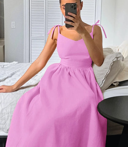 Vestido Midi de Linho Feminino Alça Ajustável Boho | Lalá