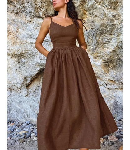 Vestido Midi de Linho Feminino Alça Ajustável Boho | Lalá