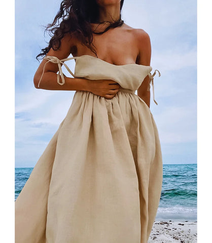 Vestido Midi de Linho Feminino Alça Ajustável Boho | Lalá