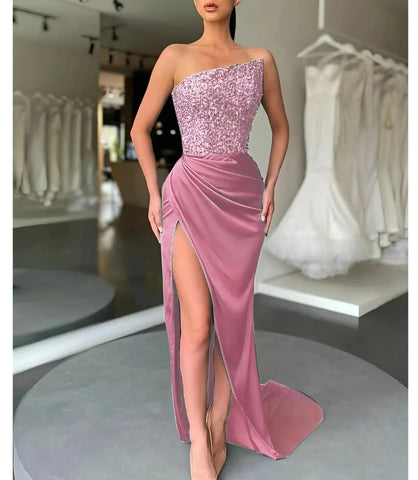vestido longo de festa tomara que caia com calda para casamentos, formatura, madrinha e festa, rosa.