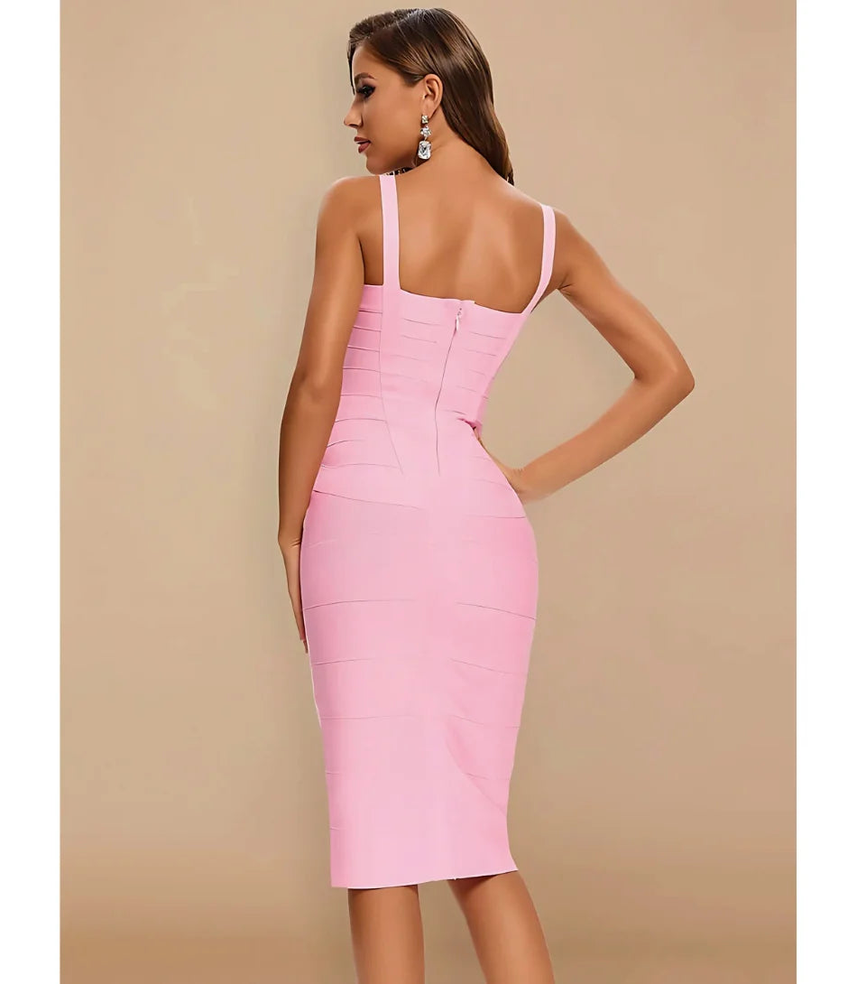 Vestido Midi Bandagem Feminino Ajustado com Decote Coração, modelagem estruturada e tecido firme