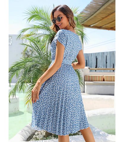 Vestido Midi Boho Estampado Plissado Evasê com Cinto | Jenny