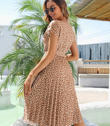 Vestido Midi Boho Estampado Plissado Evasê com Cinto | Jenny