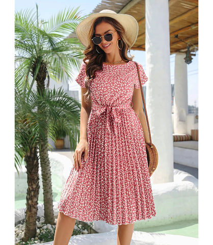 Vestido Midi Boho Estampado Plissado Evasê com Cinto | Jenny