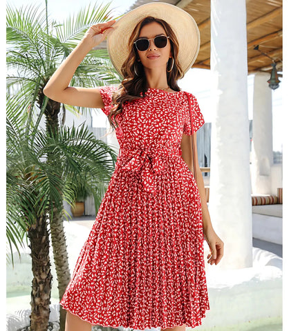 Vestido Midi Boho Estampado Plissado Evasê com Cinto | Jenny