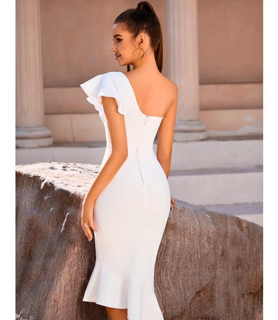 Vestido Midi de Festa Ombro Só com Babado Elegante Anellimn