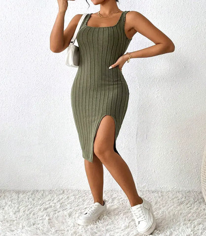 Vestido Midi Modal Feminino com Fenda e Tecido Canelado | Issa