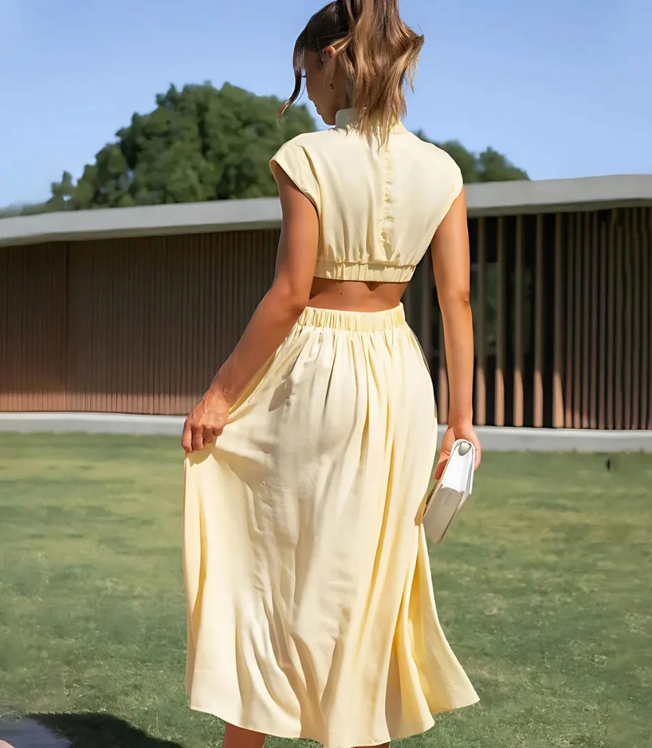Vestido Midi com Recorte Lateral e Cintura Alta para Festa . AMARELO AMARO
