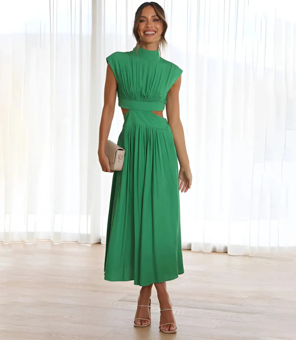 Vestido Midi com Recorte Lateral e Cintura Alta para Festa . VERDE AMARO