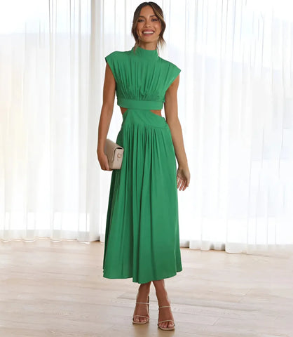 Vestido Midi com Recorte Lateral e Cintura Alta para Festa . VERDE AMARO