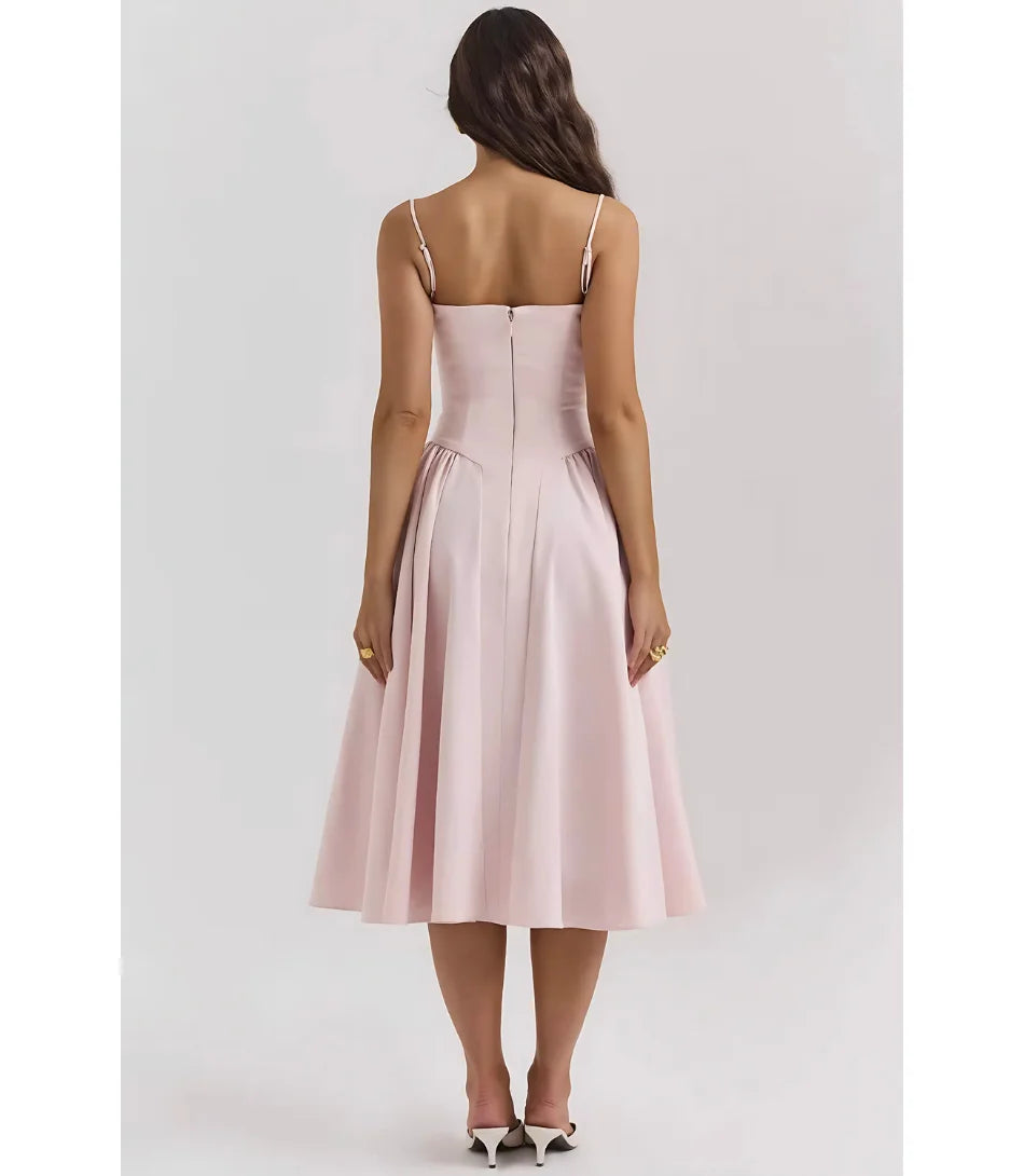 Vestido Midi Rodado Corset com Saia Evasê e Alças Finas - Zara Modelo sofisticado com caimento perfeito, ideal para eventos formais.