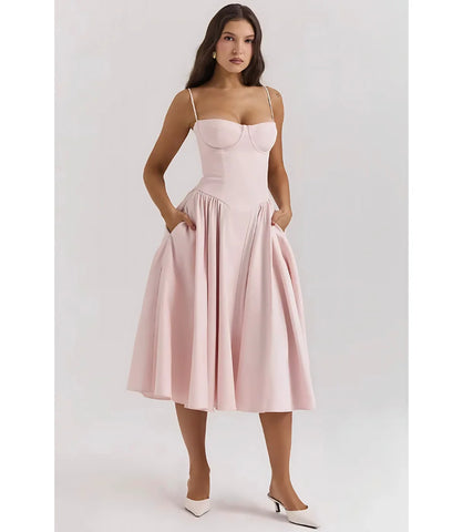 Vestido Midi Rodado Corset com Saia Evasê e Alças Finas - Zara