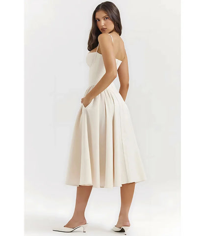 Vestido Midi Rodado Corset com Saia Evasê e Alças Finas - Zara Modelo sofisticado com caimento perfeito, ideal para eventos formais.